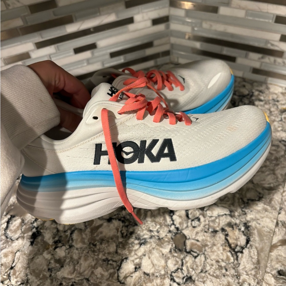 Hoka White and Sky Blue Sneakers with Coral Accents